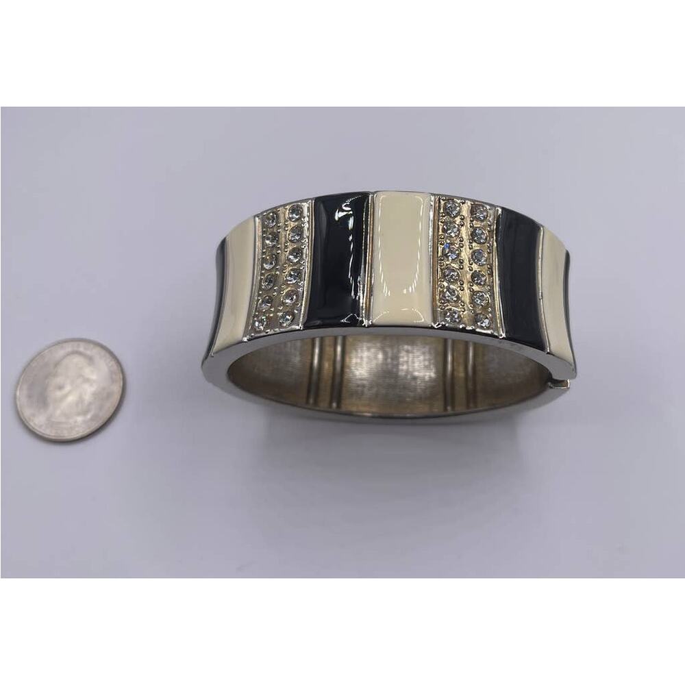 Black And White‎ Striped With Rhinestone Cuff Statement Bracelet